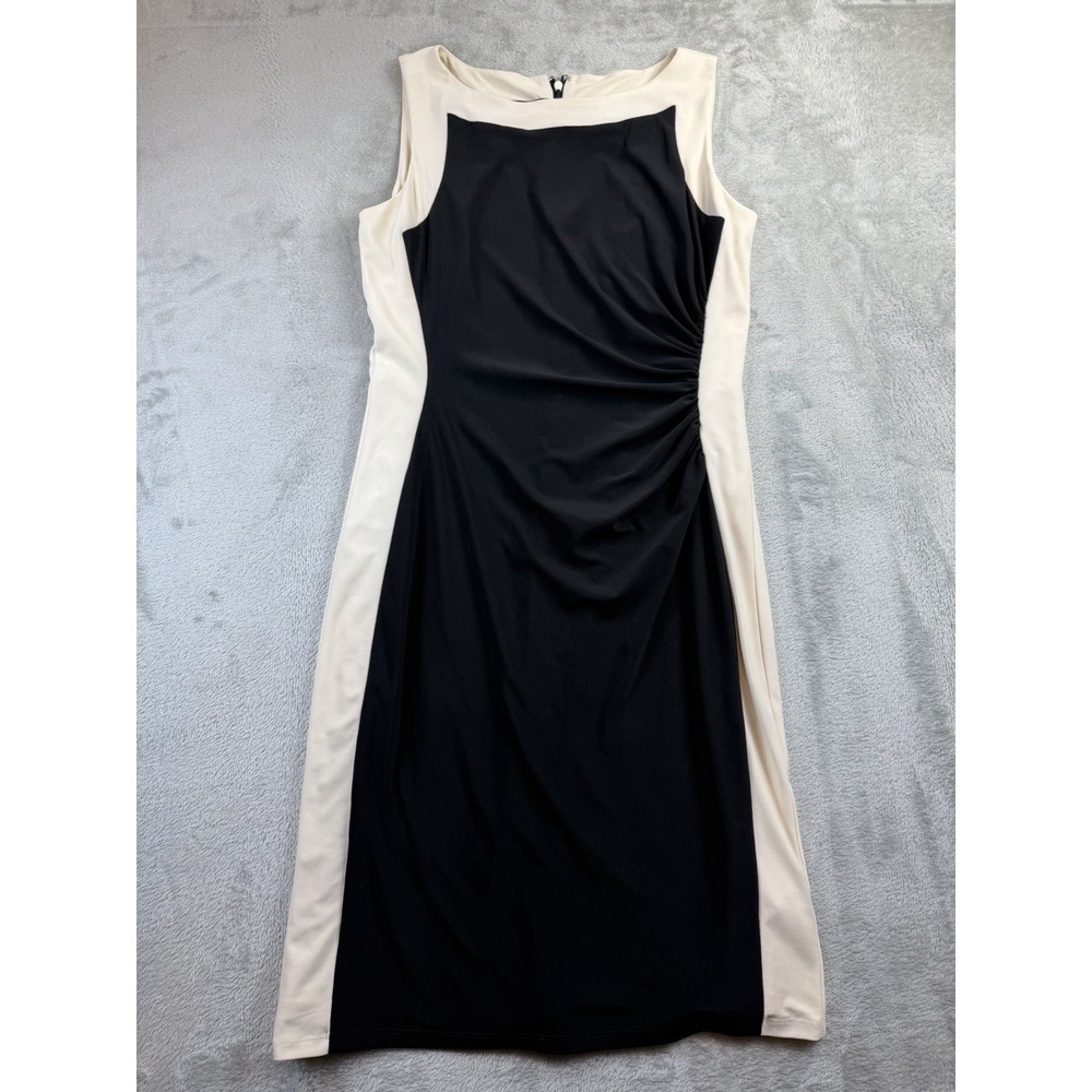 Lauren Ralph Lauren Dress 10 Cream & Black Sheath Stretch Colorblock Sleeveless